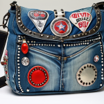 A trendy shoulder bag made from upcycled, faded blue jeans, adorned with studs and patches, showcasing visible stitching details.