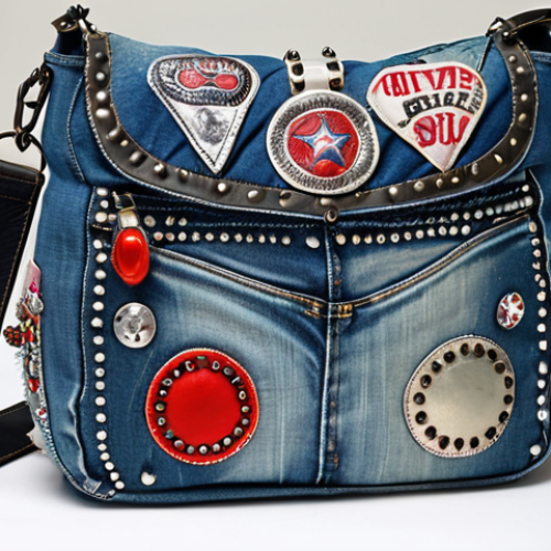 A trendy shoulder bag made from upcycled, faded blue jeans, adorned with studs and patches, showcasing visible stitching details.