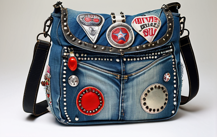 A trendy shoulder bag made from upcycled, faded blue jeans, adorned with studs and patches, showcasing visible stitching details.