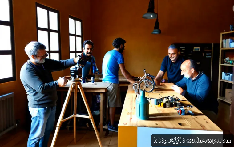 Home 9 DIY 제작 커뮤니티의 인기 포럼 - Photorealistic bright Italian makerspace forum gathering, diverse adult DIY enthusiasts around a lar...