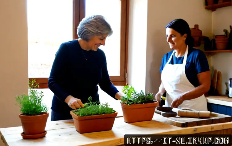 Home 12 DIY 제작 경험 공유의 중요성 - Photorealistic Italian home workshop, a middle-aged woman and her adult neighbor proudly comparing h...